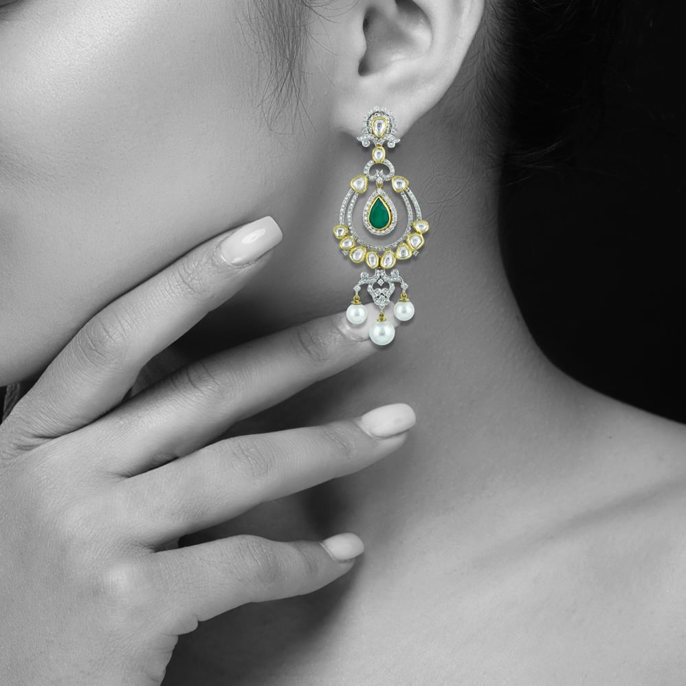 Polki Chandelier Earrings with Green Onyx Drops and Pearls